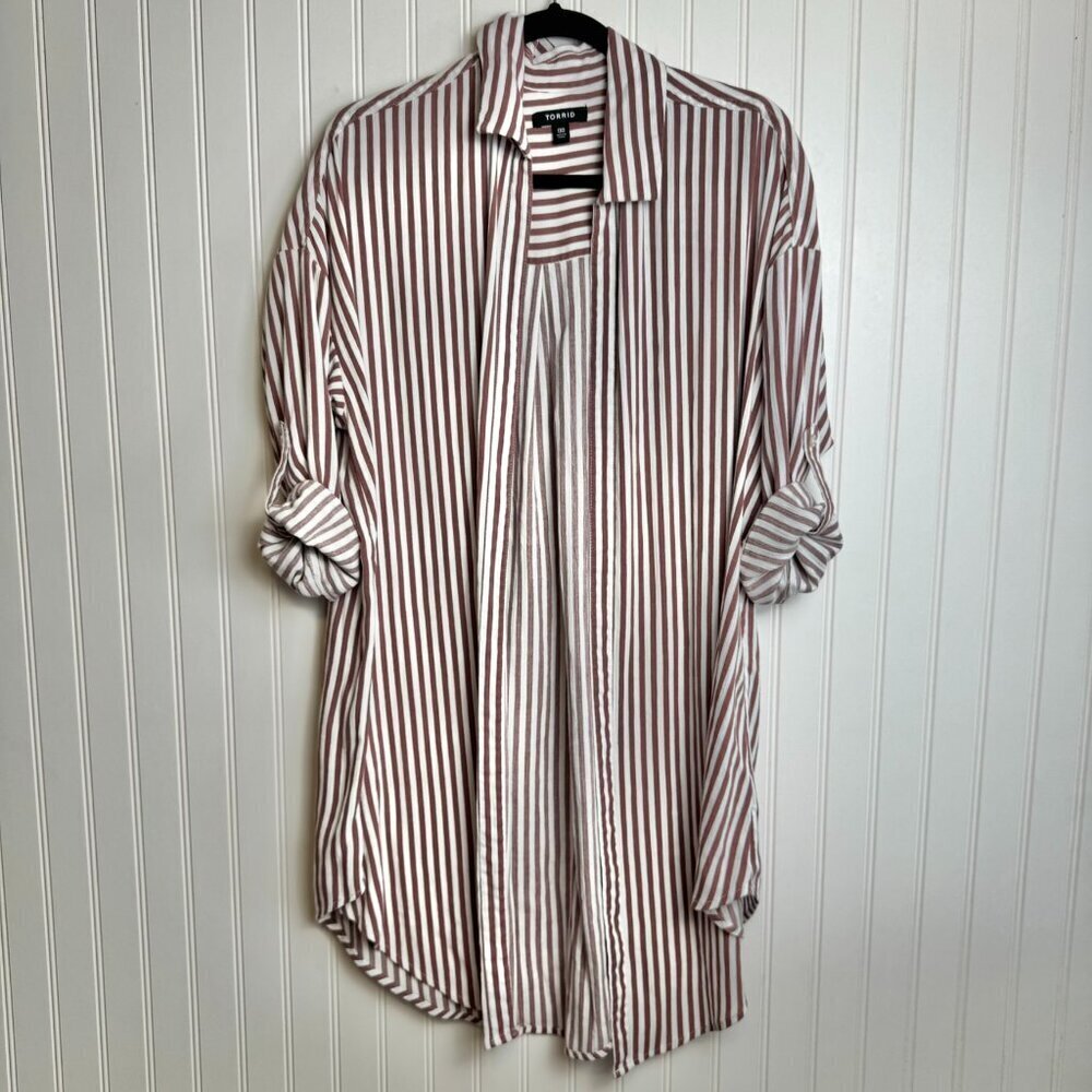 Torrid mauve stripe open front shirt kimono 3/4 sleeve size medium/large